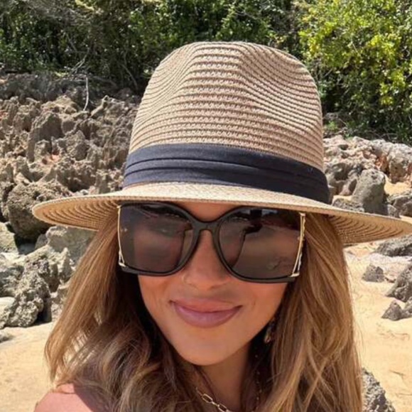 Boho Natural Black ribbon Straw Fedora hat main image 4